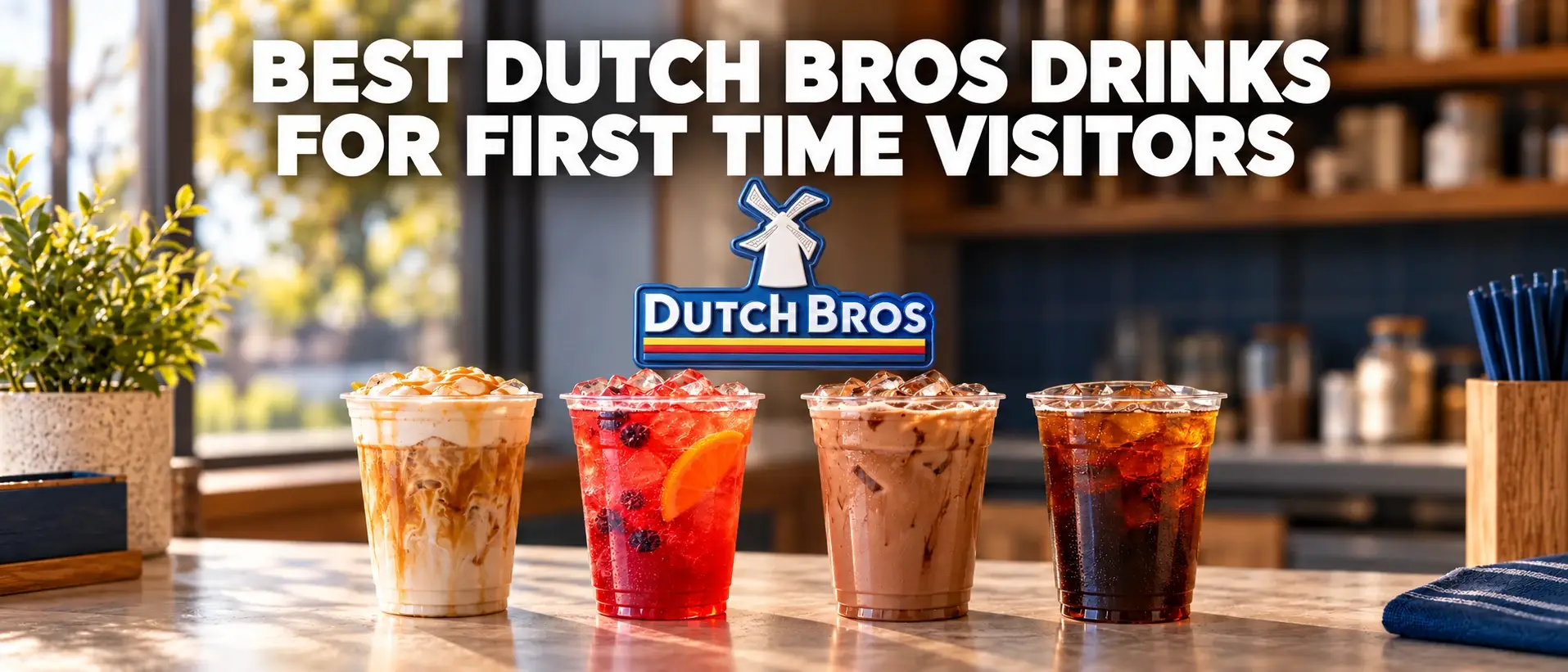 Four iced drinks beneath the Dutch Bros windmill logo and the headline Best Dutch Bros Drinks for First Time Visitors.