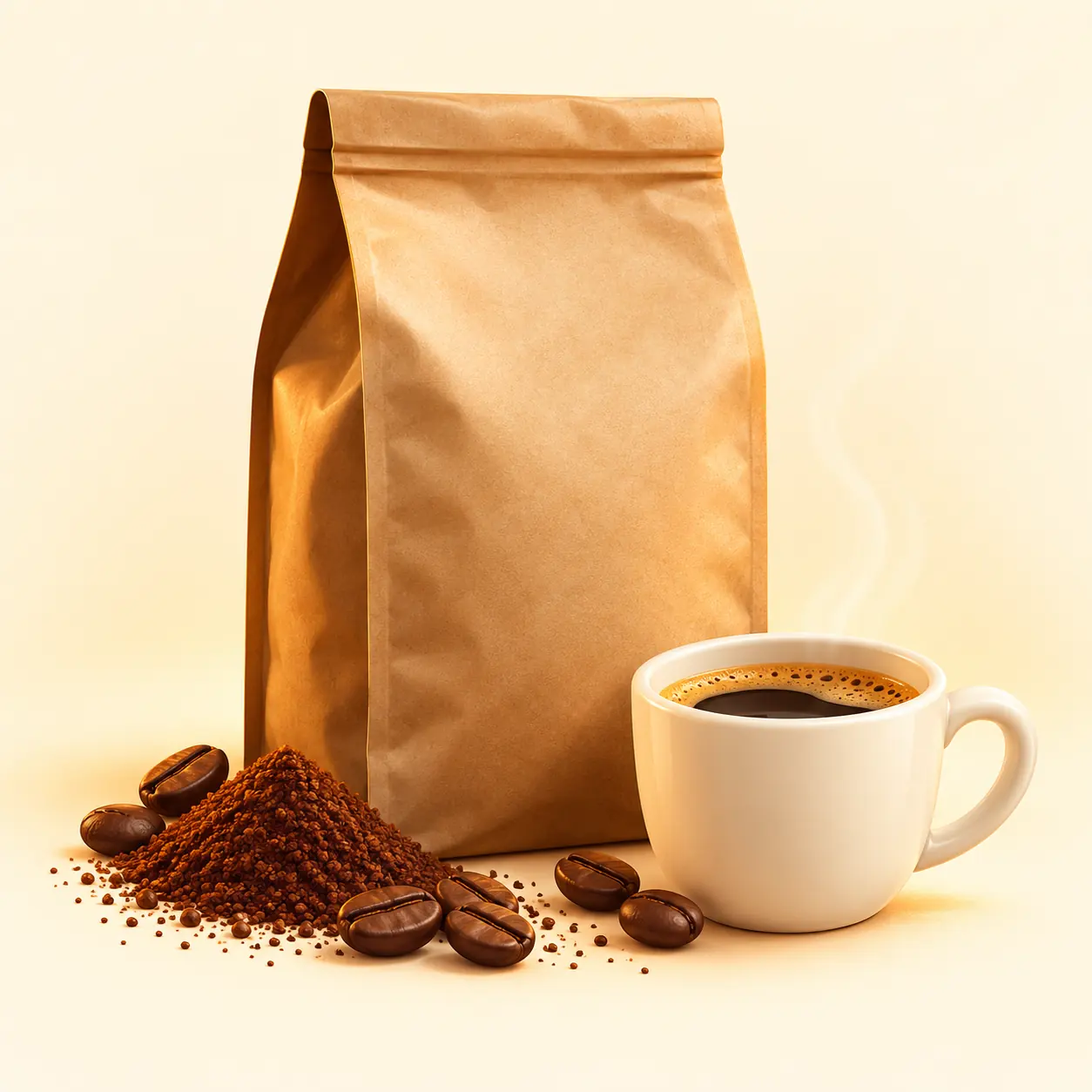 Illustration of a ground coffee bag, brewed cup and coffee beans